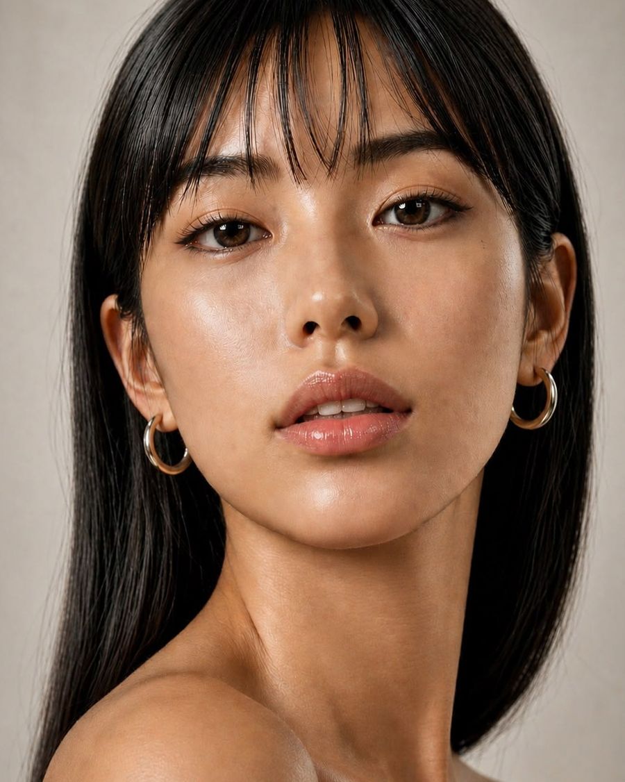 Close portrait of a woman with luminous, freshly treated glass skin.